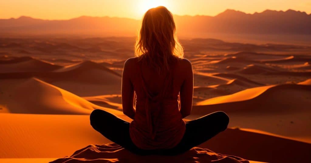 woman meditating in a desert.