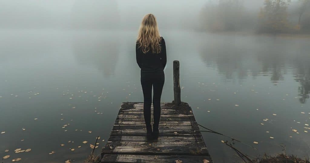 A woman stands on a dock in the fog
