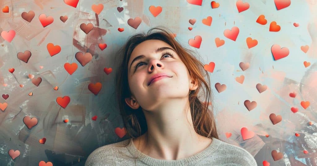 a woman looking up to a lot hearts surrounding her with a big smile.