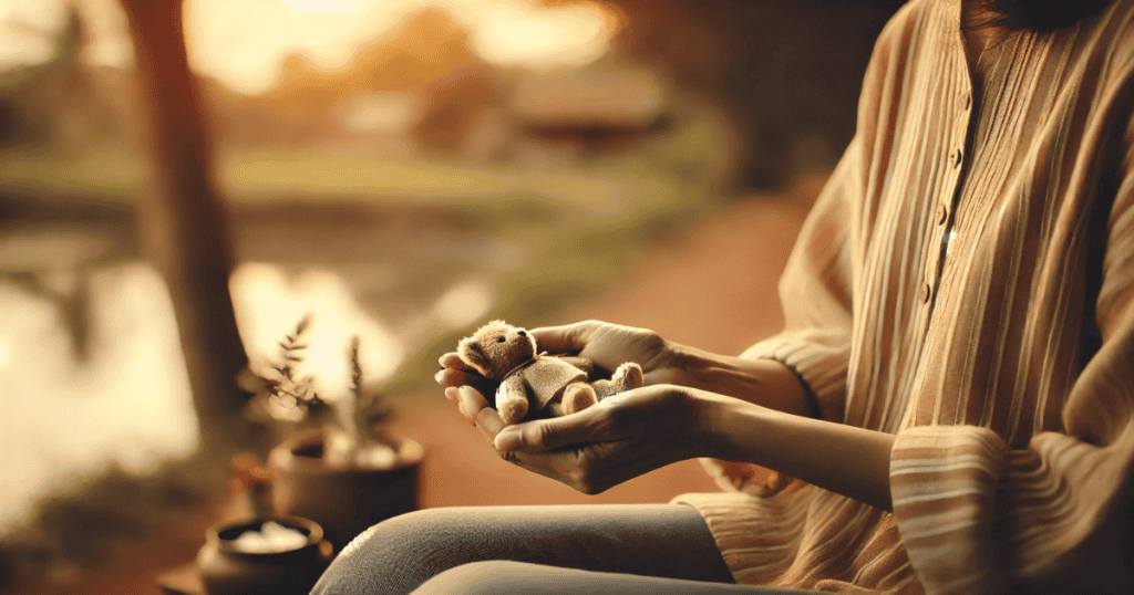 A woman sits in a garden, holding a small teddy bear.