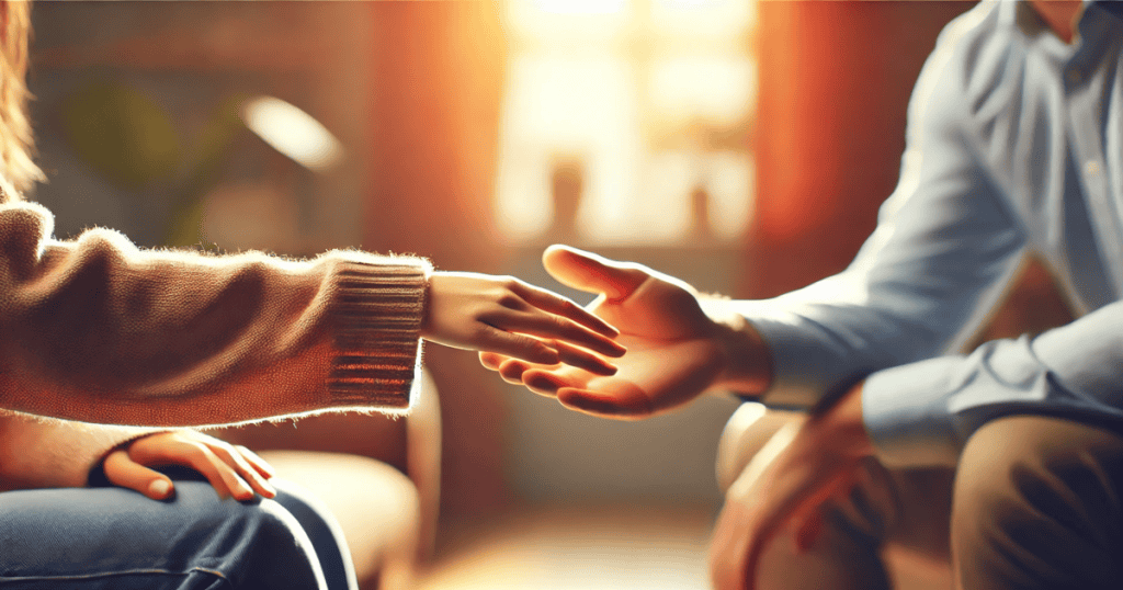 Close-up of a therapist and a client's hands reaching out to each other.