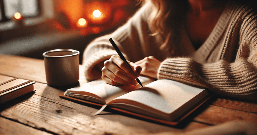 A woman writes in a journal in a cozy, warmly lit setting.