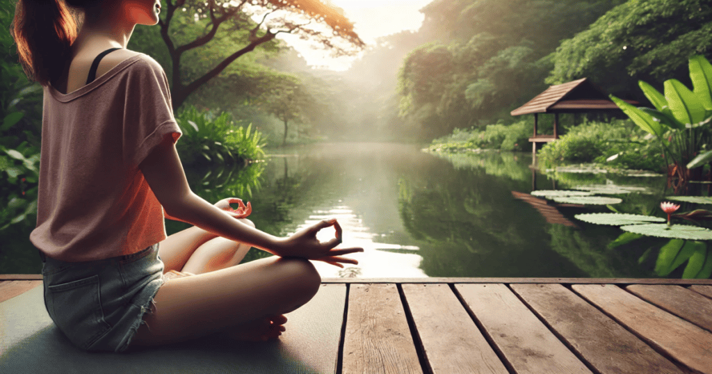 A woman sits cross-legged in a calm, meditative pose in a peaceful natural setting.