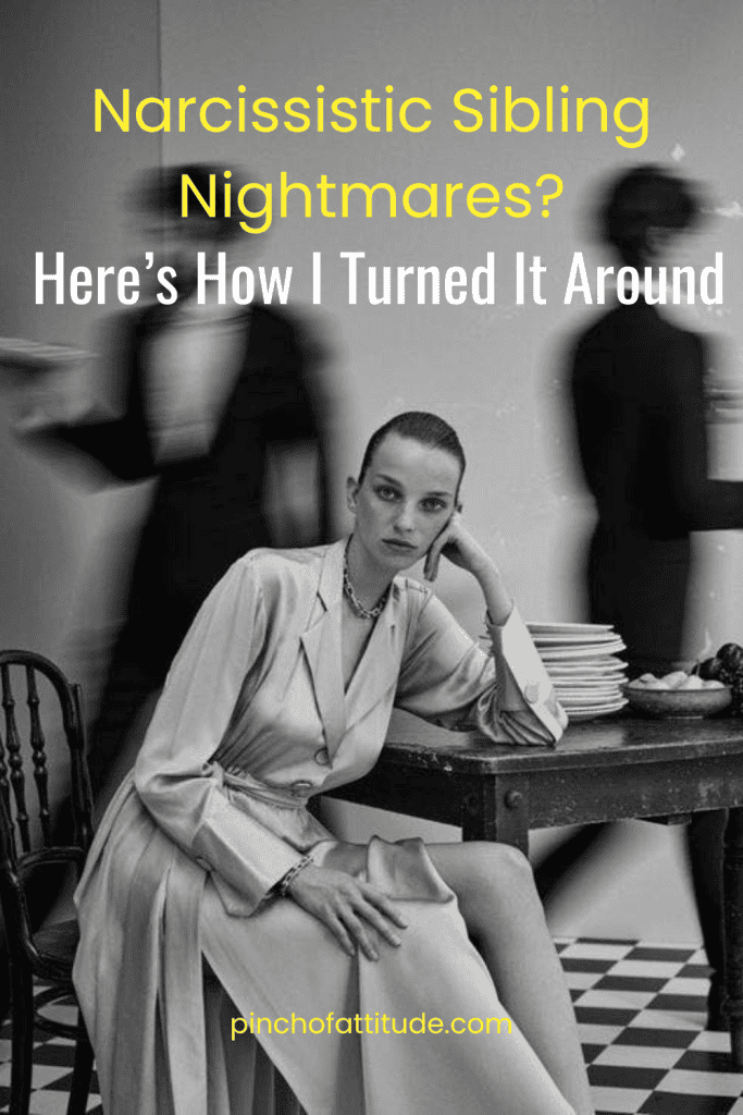 Pinterest - Pin with title "Narcissistic Sibling Nightmares? Here’s How I Turned It Around" showing a woman sitting at a table with a stack of plates and a bowl of fruit, with blurred figures walking in the background.