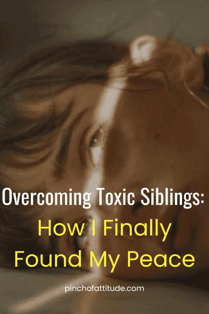 
Pinterest - Pin with title "Overcoming Toxic Siblings: How I Finally Found My Peace" showing a close-up of a woman's face lying down, with her eye partially open, and sunlight illuminating part of her face.