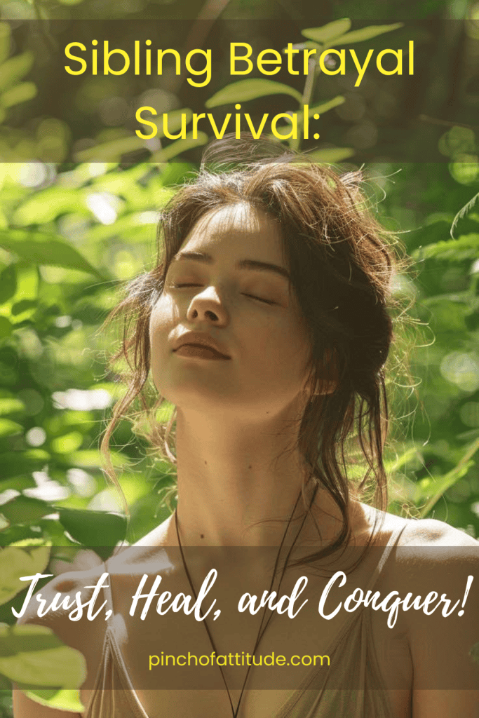 Pinterest - Pin with title "Sibling Betrayal Survival: Trust, Heal, and Conquer!" showing a woman with closed eyes, standing amidst lush green foliage, with sunlight filtering through.