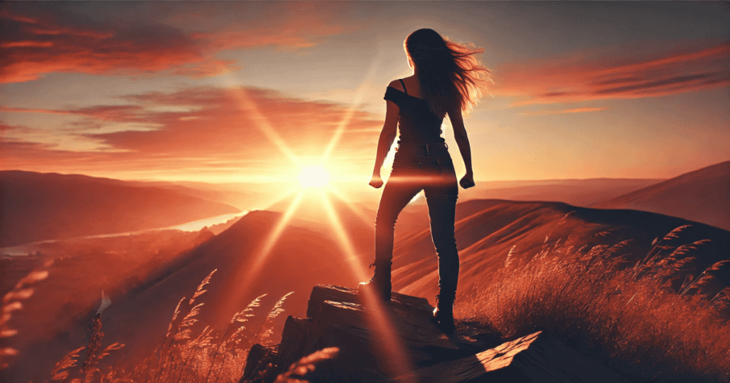 A woman stands at the top of a hill, looking out at a sunrise.