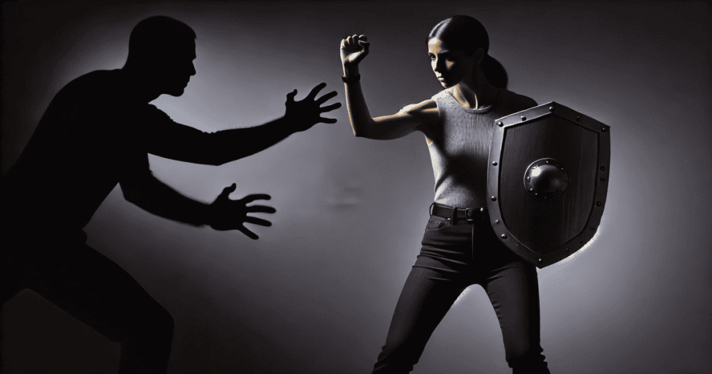 A strong woman holding a shield, standing in a defensive pose against a dark, shadowy figure reaching towards her.