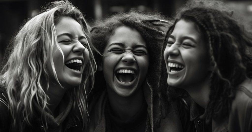 friends laughing really hard in black and white picture.