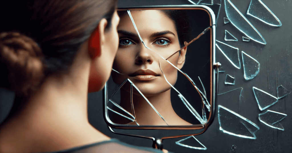 A partially shattered mirror with one clear, unbroken part reflecting the face of a strong, confident woman.