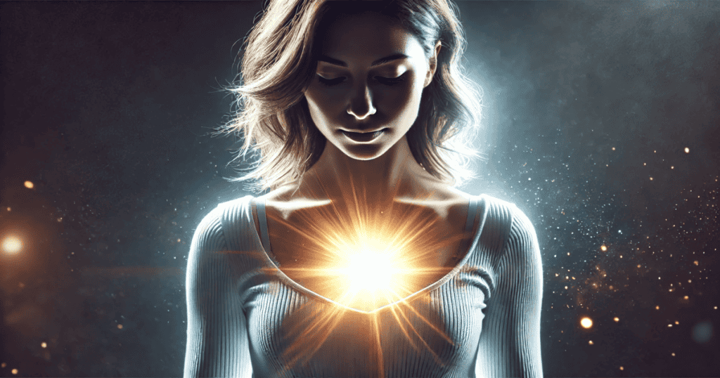 A woman standing in darkness with a bright light glowing from her chest.