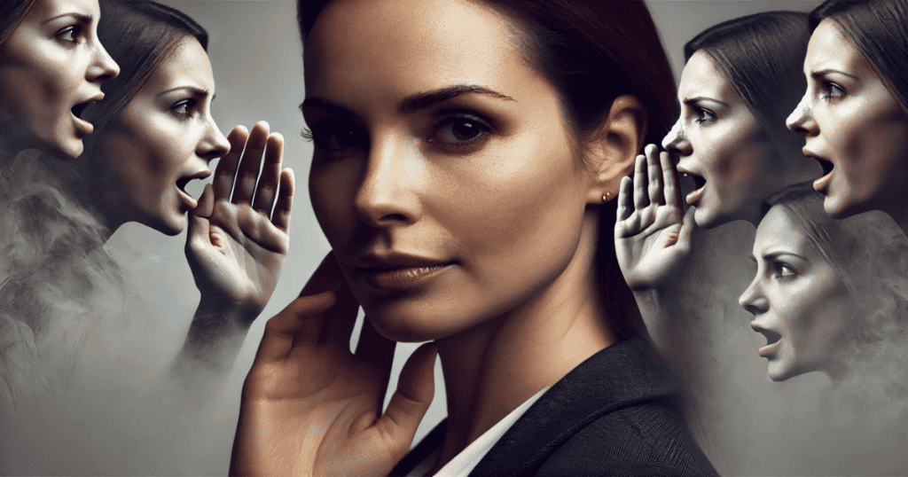 A close-up portrait of a confident woman with ghostly figures whispering around her.