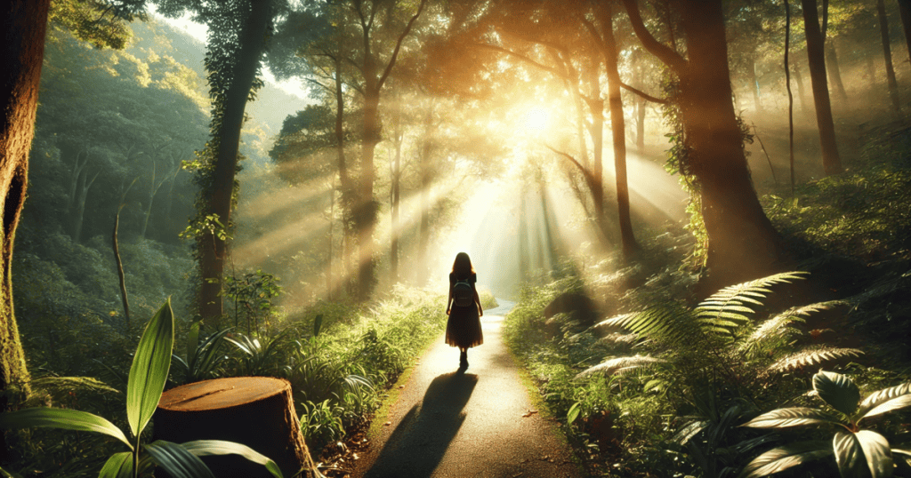 A woman walks alone on a serene forest path with sunlight filtering through the trees.