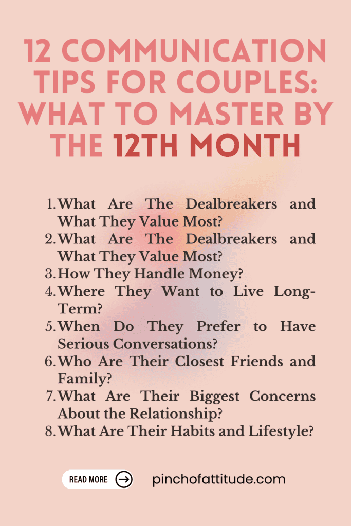 Pinterest - Pin with title "12 Communication Tips for Couples: What to Master by the 12th Month" showing a pastel gradient background with text detailing relationship communication tips.