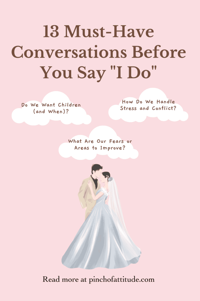 Pinterest - Pin with title "13 Must-Have Conversations Before You Say 'I Do'" showing an illustration of a bride and groom in wedding attire on a light pink background.