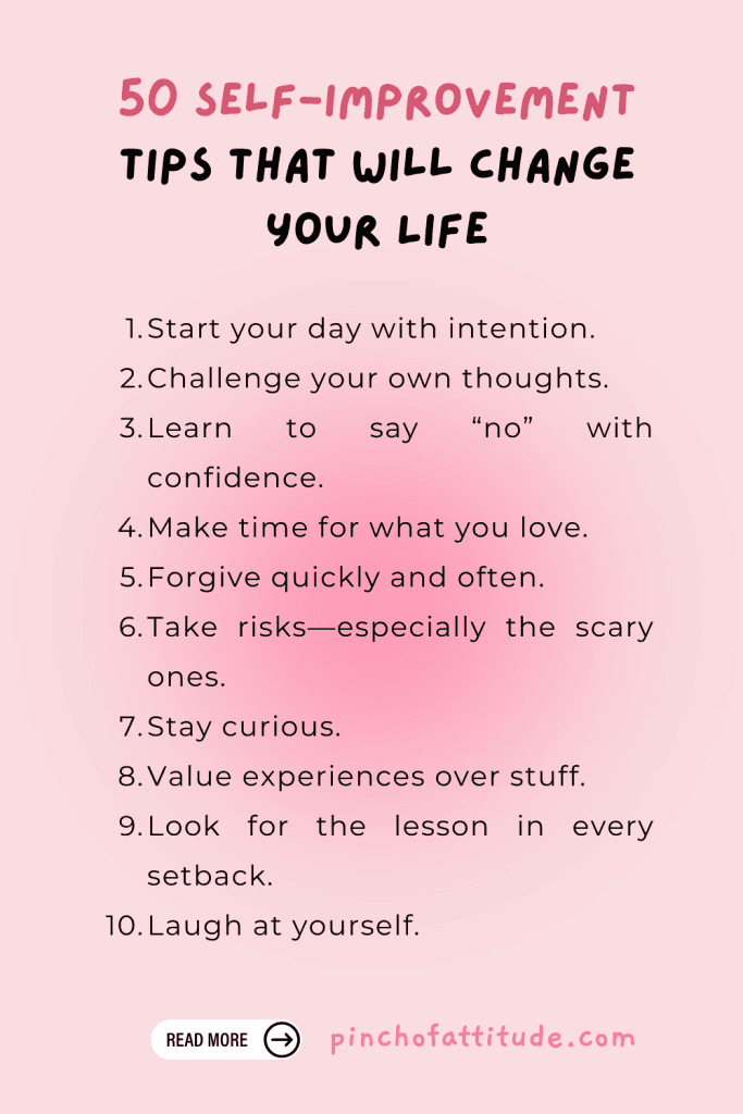 Pinterest - Pin with title "50 Self-Improvement Tips That Will Change Your Life" showing a numbered list of tips on a pink gradient background.