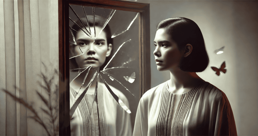 A woman stares at her reflection in a broken mirror, with cracks radiating from the center of the reflection.