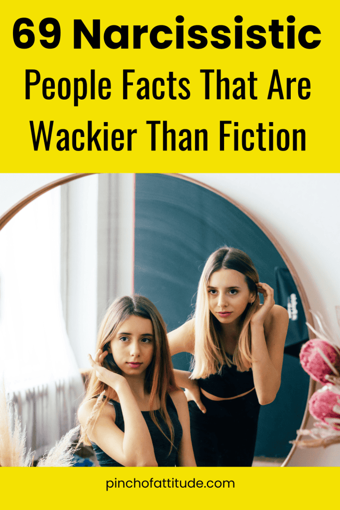 Pinterest - Pin with title "69 Narcissistic People Facts That Are Wackier Than Fiction" showing two women posing in front of a large curved mirror with plants and a window in the background.