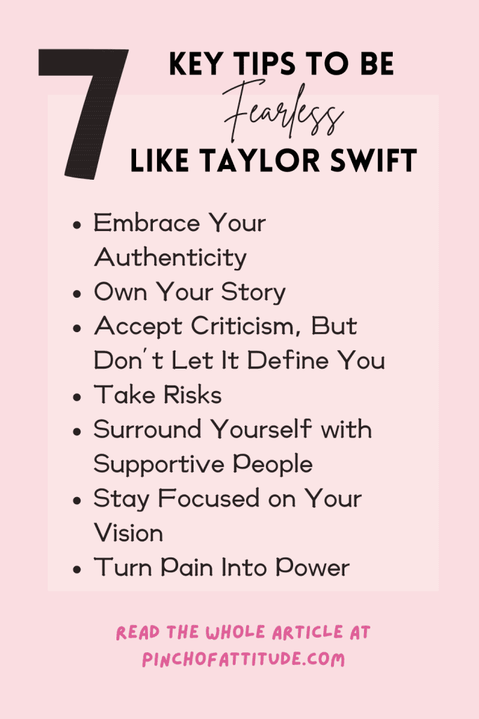 Pinterest - Pin with title "7 Key Tips to Be Fearless Like Taylor Swift" showing a pink background with list of tips.