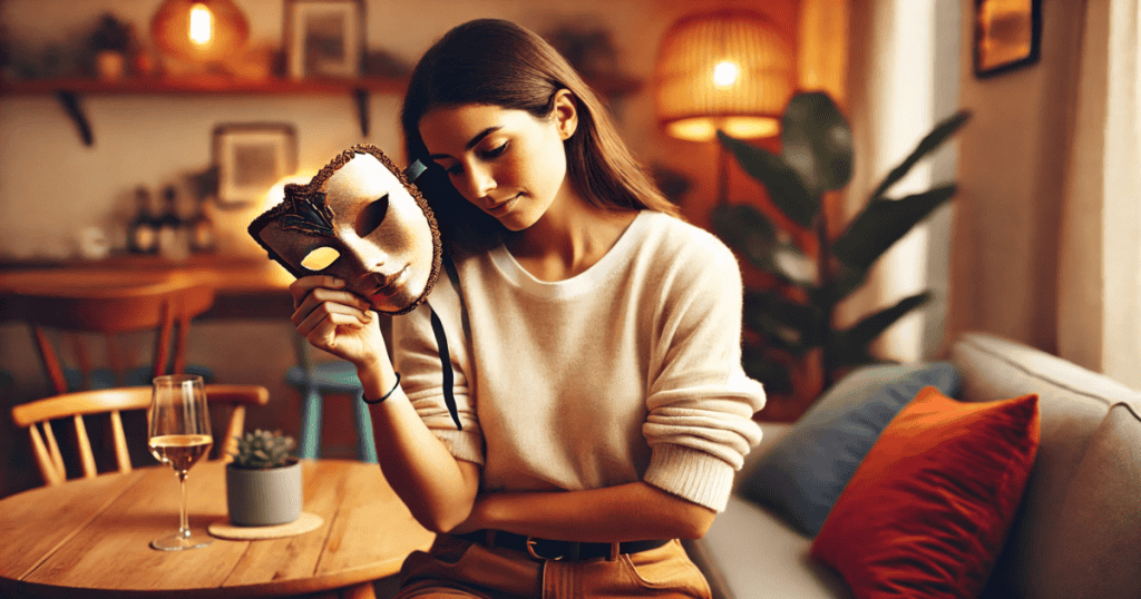 A woman sitting in a cozy, warmly lit room, holding an ornate mask in her hand and looking down, with casual furniture and a wine glass on the table beside her.