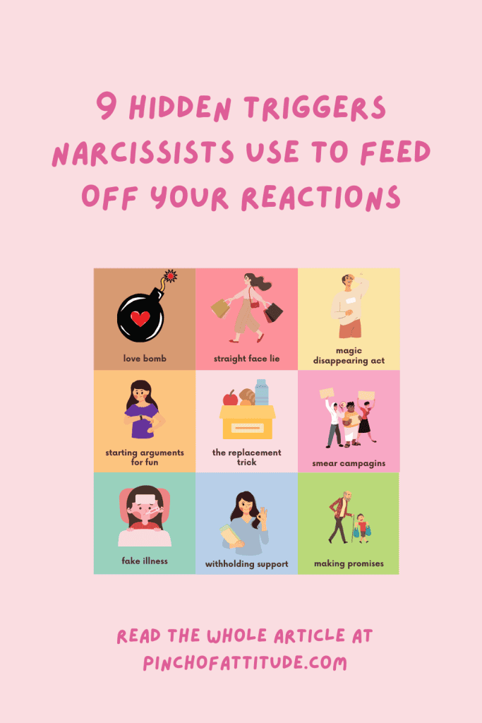 Pinterest - Pin with title "9 Hidden Triggers Narcissists Use to Feed Off Your Reactions" showing a pink background with illustrated icons for each trigger in a grid layout.