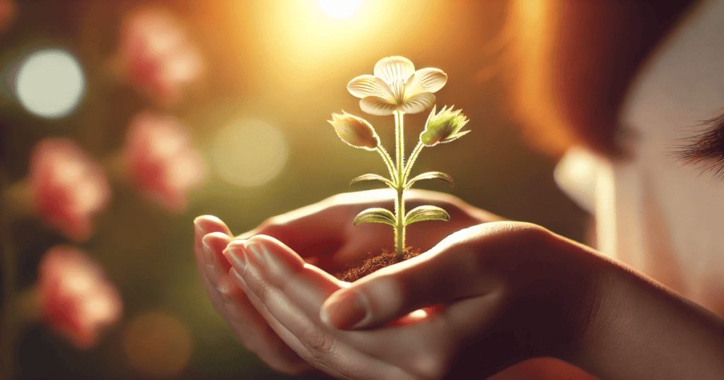 A hand holding a blooming flower growing in sunlight.