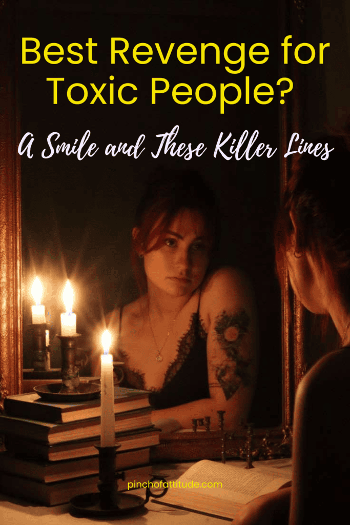 Pinterest - Pin with title "Best Revenge for Toxic People? A Smile and These Killer Lines" showing a woman with red hair sitting in front of a mirror surrounded by books and lit candles.