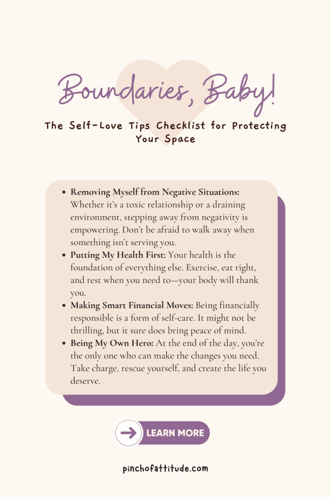 Pinterest - Pin with title "Boundaries, Baby! The Self-Love Tips Checklist for Protecting Your Space" showing a list of self-care tips related to setting boundaries, with a simple beige and purple design.