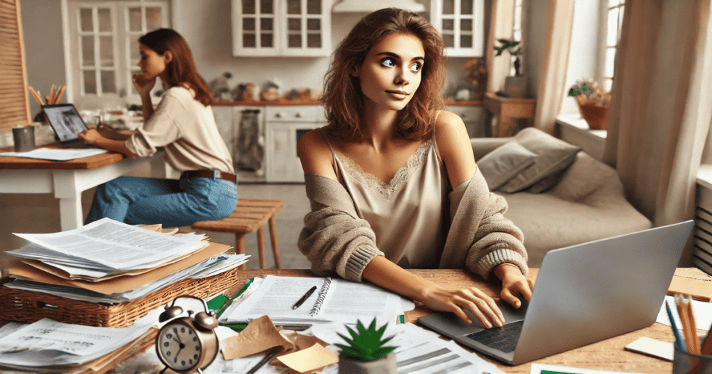 A woman sits at a cluttered desk filled with papers and a laptop, looking distracted as she stares off into the distance, while another woman works in the background.