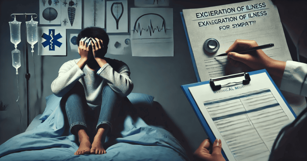 A person sitting on a bed with their head in their hands, surrounded by medical charts and IV bags.