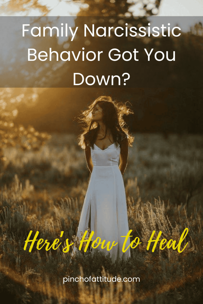 Pinterest - Pin with title "Family Narcissistic Behavior Got You Down? Here's How to Heal" showing a woman in a white dress standing in a sunlit field surrounded by nature.