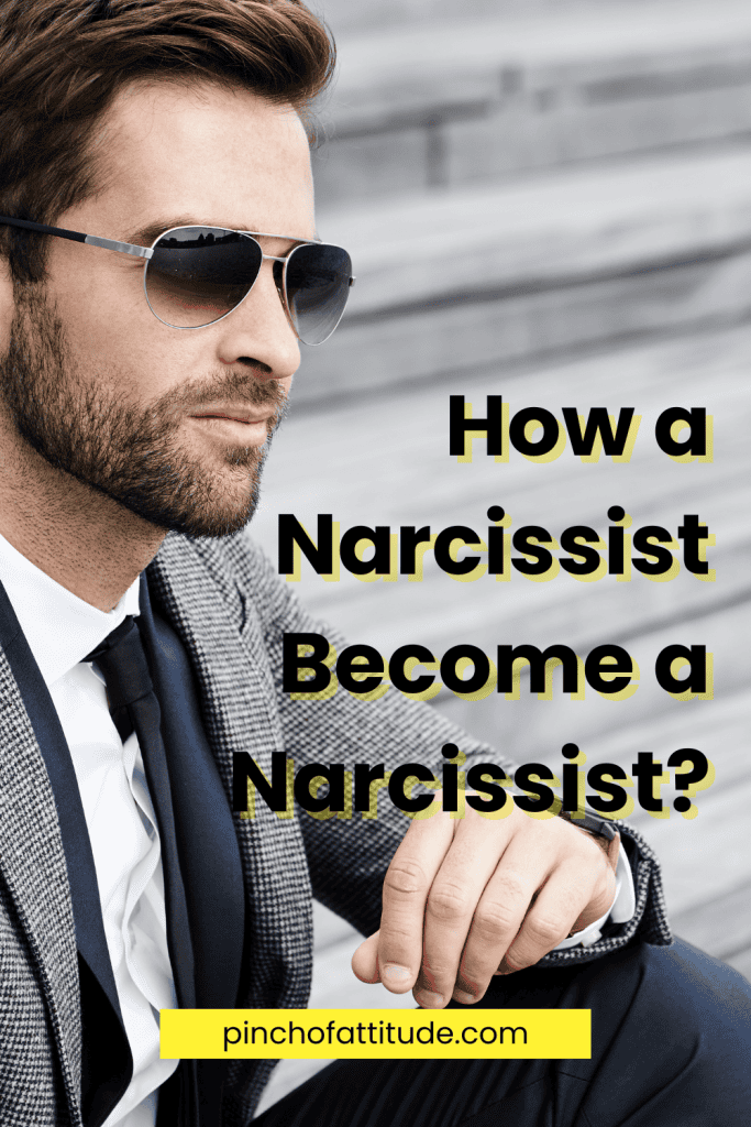 Pinterest - Pin with title "How a Narcissist Become a Narcissist?" showing a man wearing sunglasses and a checkered suit seated on steps.