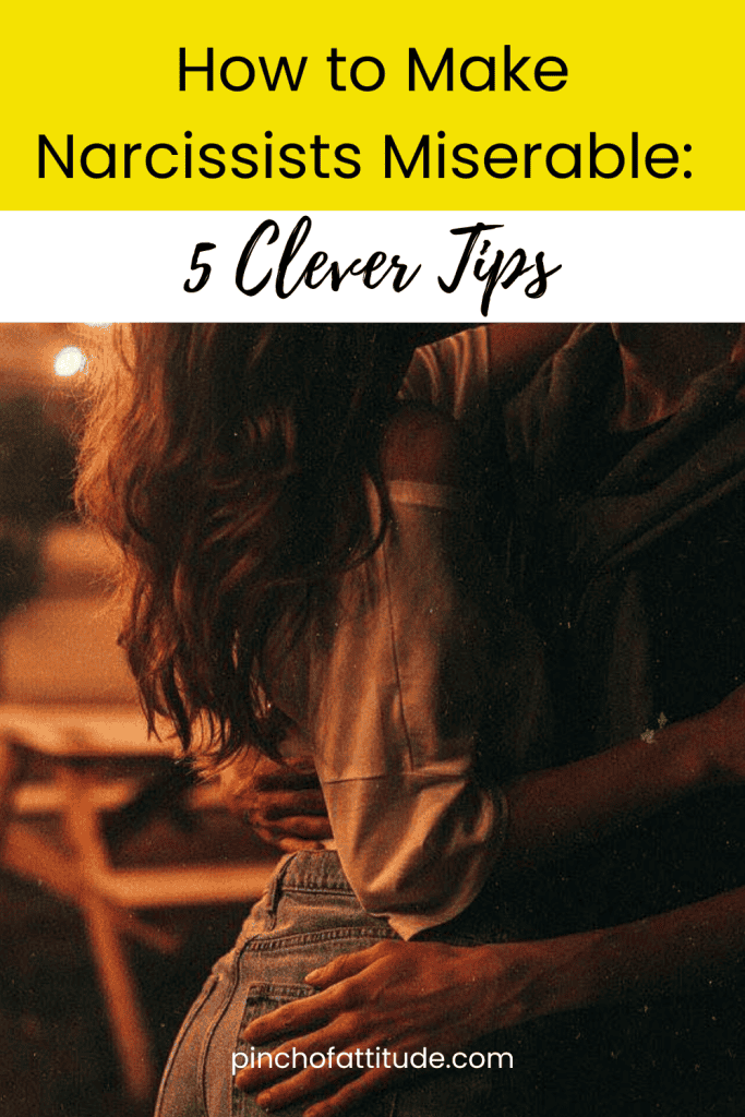 Pinterest - Pin with title "How to Make Narcissists Miserable: 5 Clever Tips" showing a dimly lit image of a couple embracing, with a focus on the woman's long hair and their casual attire.