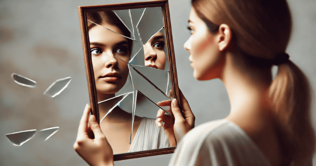 A woman looks into a fractured mirror with shards flying in the air.