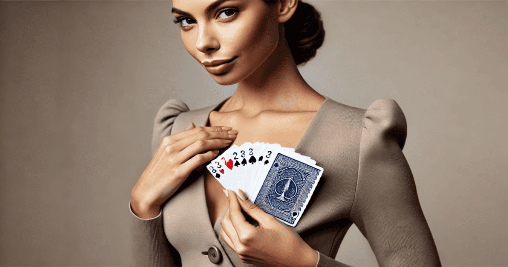 A woman holds playing cards close to her chest.