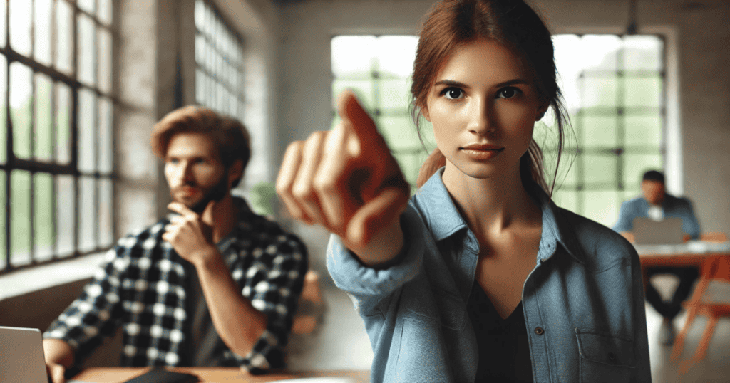 A woman points somewhere while a man looks distracted behind her.