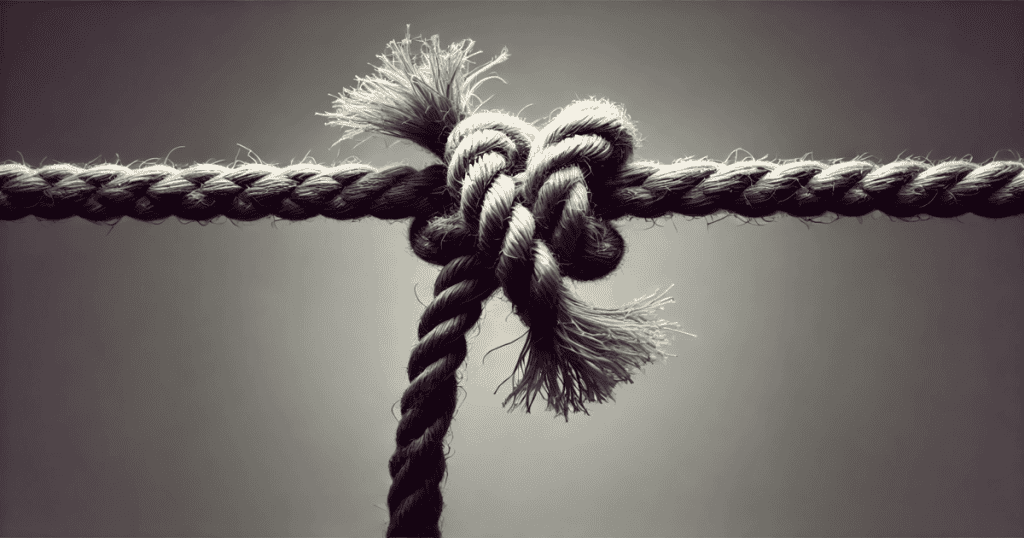 A frayed rope tied into a knot, with the fibers of the rope visibly unraveling.