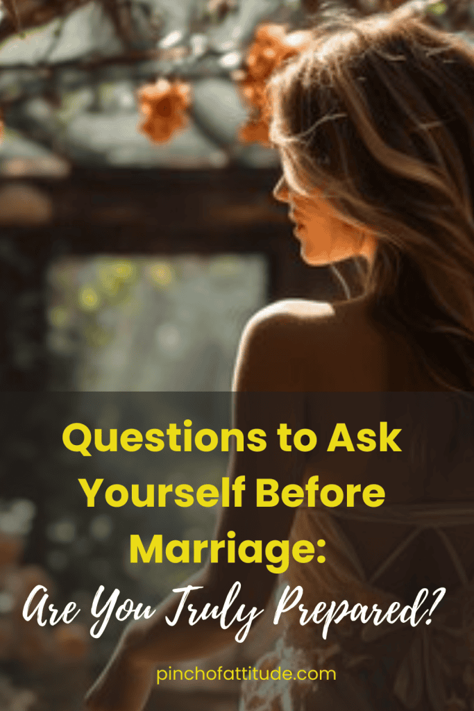 Pinterest - Pin with title "Questions to Ask Yourself Before Marriage: Are You Truly Prepared?" showing a woman with flowing hair looking away, set in a natural outdoor background with flowers.