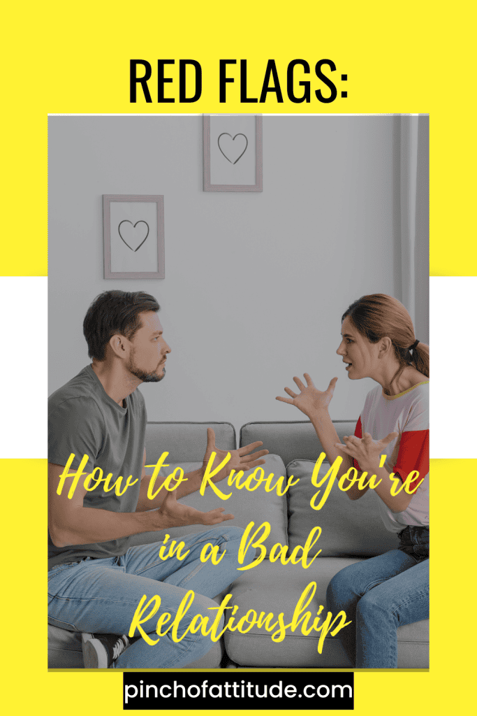 Pinterest - Pin with title "Red Flags: How to Know You’re in a Bad Relationship" showing a man and woman sitting on a couch, arguing with expressive hand gestures, against a neutral background with heart-shaped wall art.