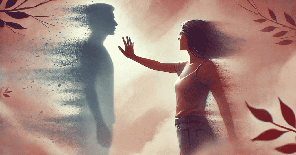 A woman reaching out towards a shadowy, fading figure of a man.