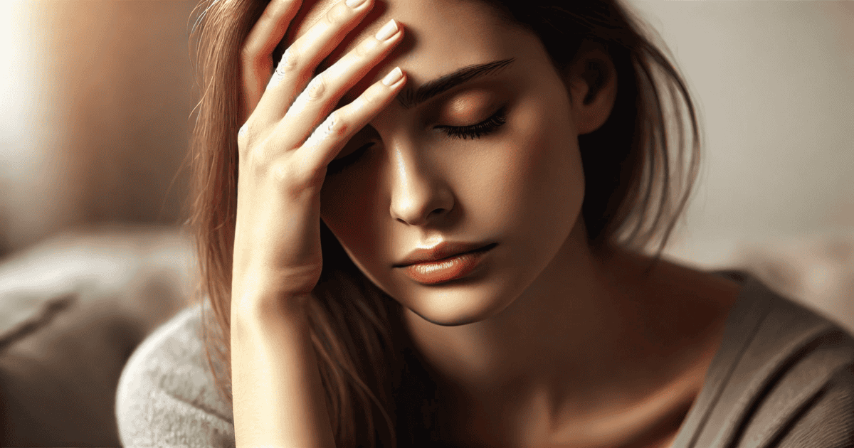 A close-up of a woman with her hand resting on her forehead, her eyes closed, showing signs of mental fatigue.