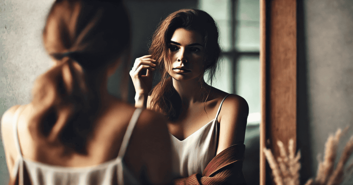 A woman stands in front of a mirror, staring at her reflection with a contemplative and tired look.