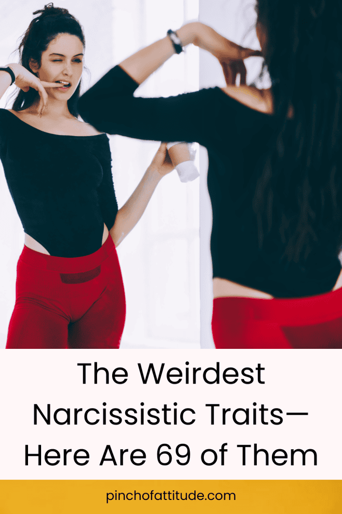 Pinterest - Pin with title "The Weirdest Narcissistic Traits—Here Are 69 of Them" showing a woman posing in front of a mirror wearing a black top and red pants, with her reflection visible.