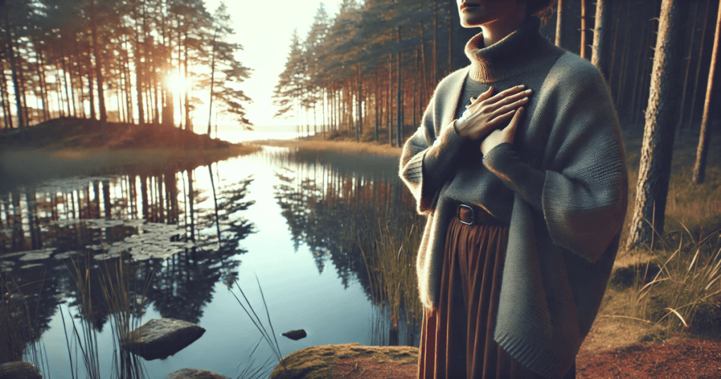 A woman stands near a peaceful lake in a forest, with her hand over her heart, gazing forward as the sun sets behind the trees.