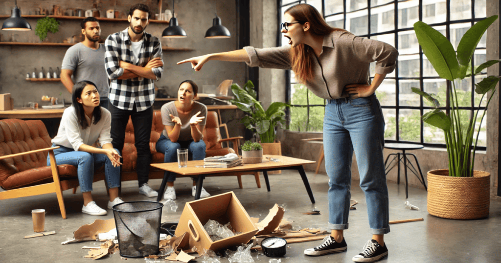 A woman angrily points at a group of people sitting on a couch, while broken objects lay scattered on the floor; the group looks confused and frustrated.