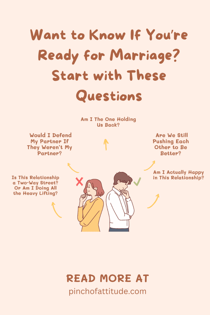 Pinterest - Pin with title "Want to Know If You're Ready for Marriage? Start with These Questions" featuring illustrated characters pondering questions about relationships on a light pink background.