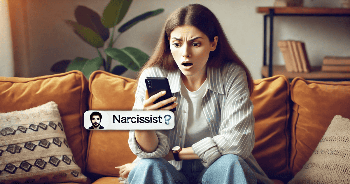 A surprised woman sits on a couch, looking at her phone with a shocked expression, as the screen displays a message from a narcissist.