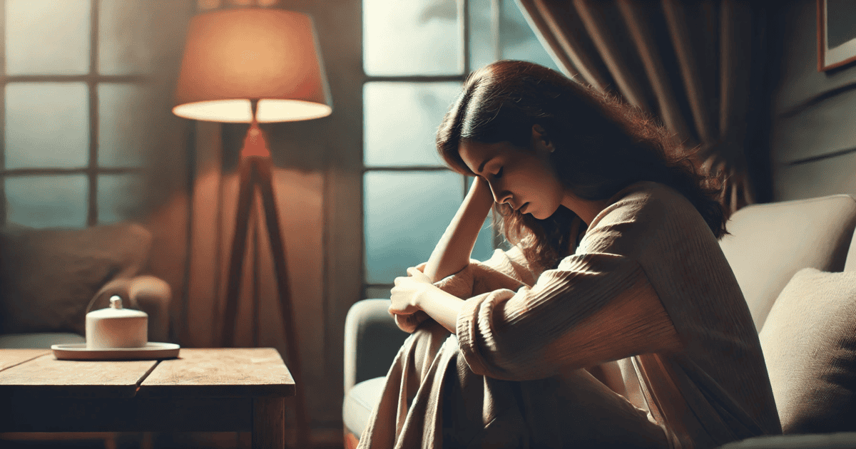 A woman sits on a couch in a dimly lit room with her head resting on her hand, looking down in deep exhaustion.