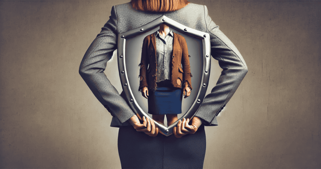 A woman hides a large shield in behind her, while the shield reflects a woman wearing worn, tattered clothes.