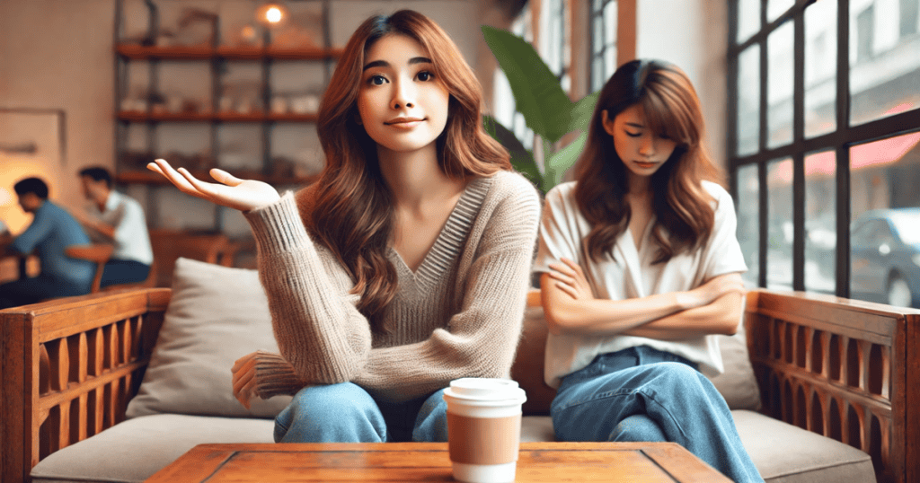 A woman casually shrugs while the person beside her looks visibly frustrated, sitting at a couch inside a cafe.